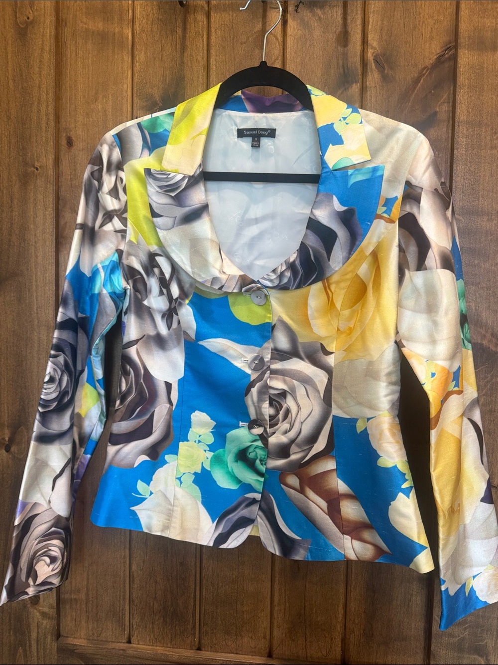 Samuel Dong Satin Floral Button Jacket in Blue, Yellow & Gray